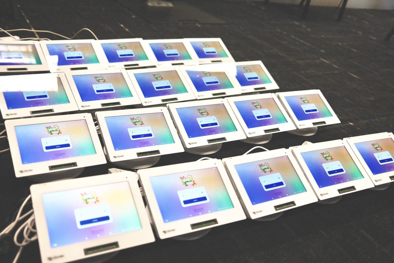 A fleet of Clover Mini terminals prepared for deployment