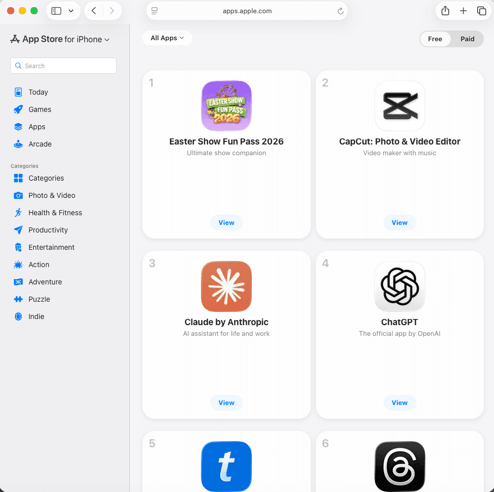 Easter Show Fun Pass 2026 shown as the number one iPhone app in Australia during the show period